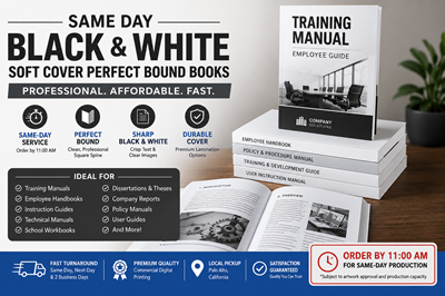 Same Day Black & White Soft Cover Perfect Bound Books