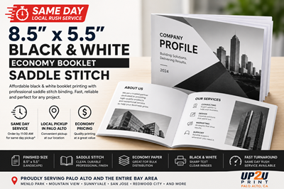 Same Day 8.5" × 5.5" Black & White Economy Saddle Stitch Booklets
