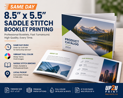 Same Day 8.5" × 5.5" Saddle Stitch Booklet Printing | Palo Alto 